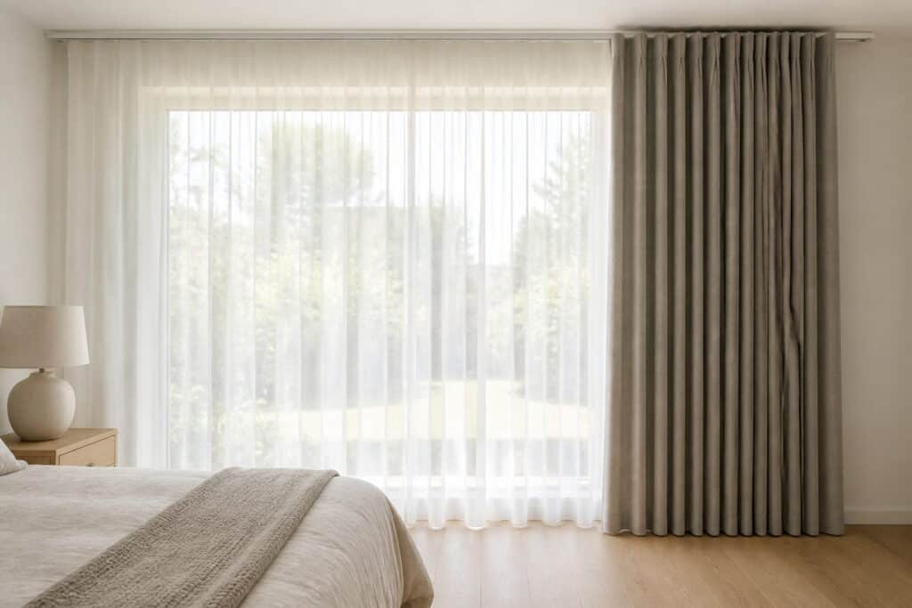 Sheer and blockout curtains layered on a double track at a bedroom window, blockout drawn to one side