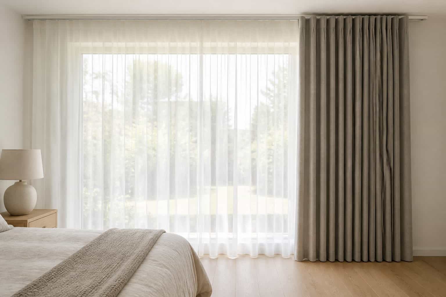 Sheer and blockout curtains layered on a double track at a bedroom window, blockout drawn to one side