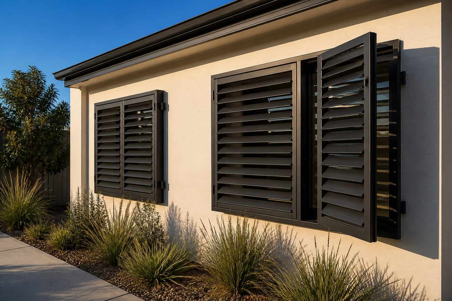 Charcoal aluminium plantation shutters fitted outside the windows of an Australian home in afternoon sun