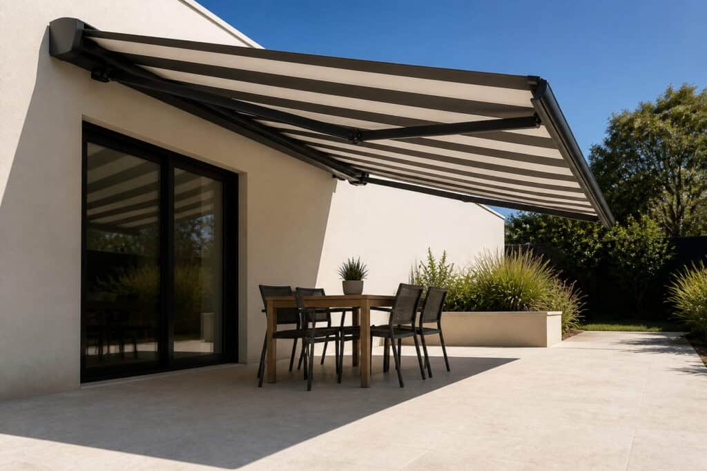 Folding arm awning extended over an alfresco dining area at an Australian home in afternoon sun