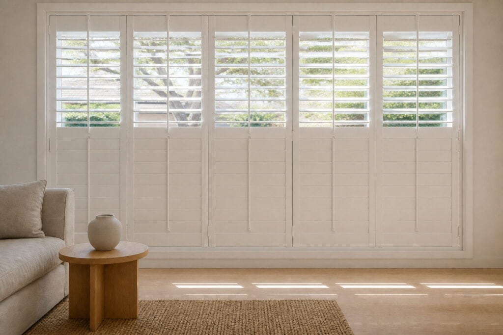 White plantation shutters with a mid-rail, lower louvres closed for privacy and upper louvres open for light