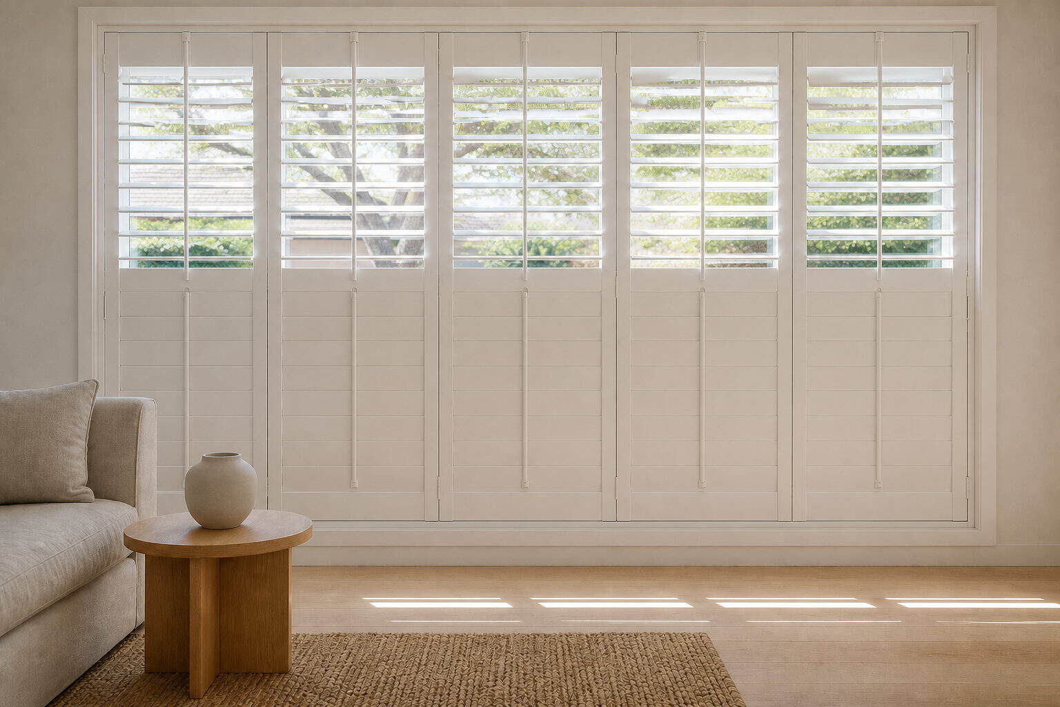 White plantation shutters with a mid-rail, lower louvres closed for privacy and upper louvres open for light