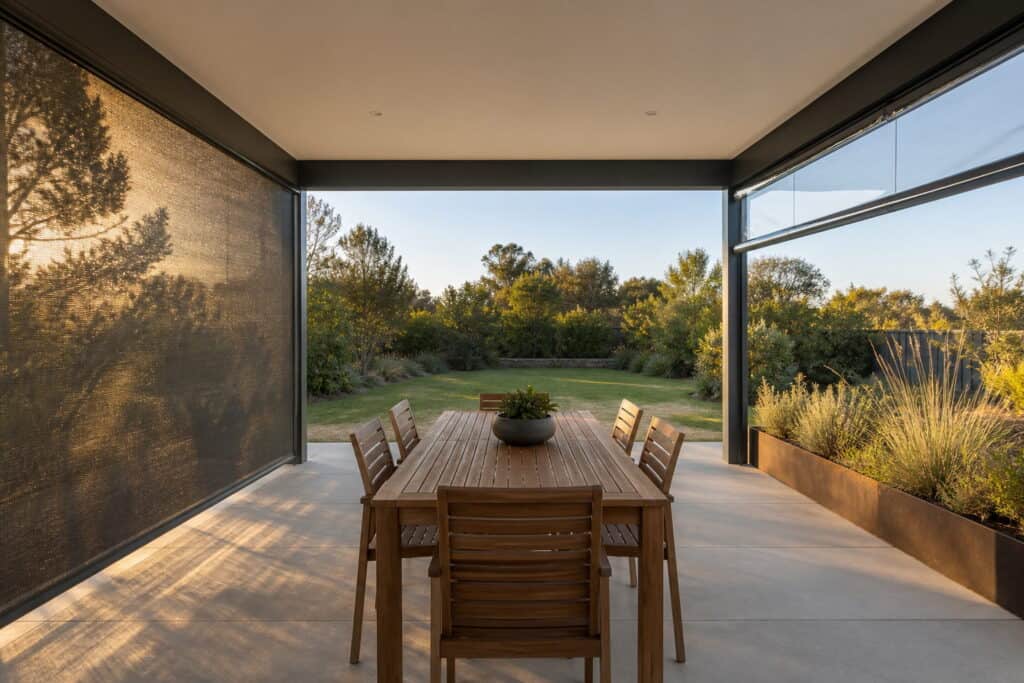 Screen fabric and clear PVC outdoor blinds on an Australian alfresco area, one lowered and one partly raised