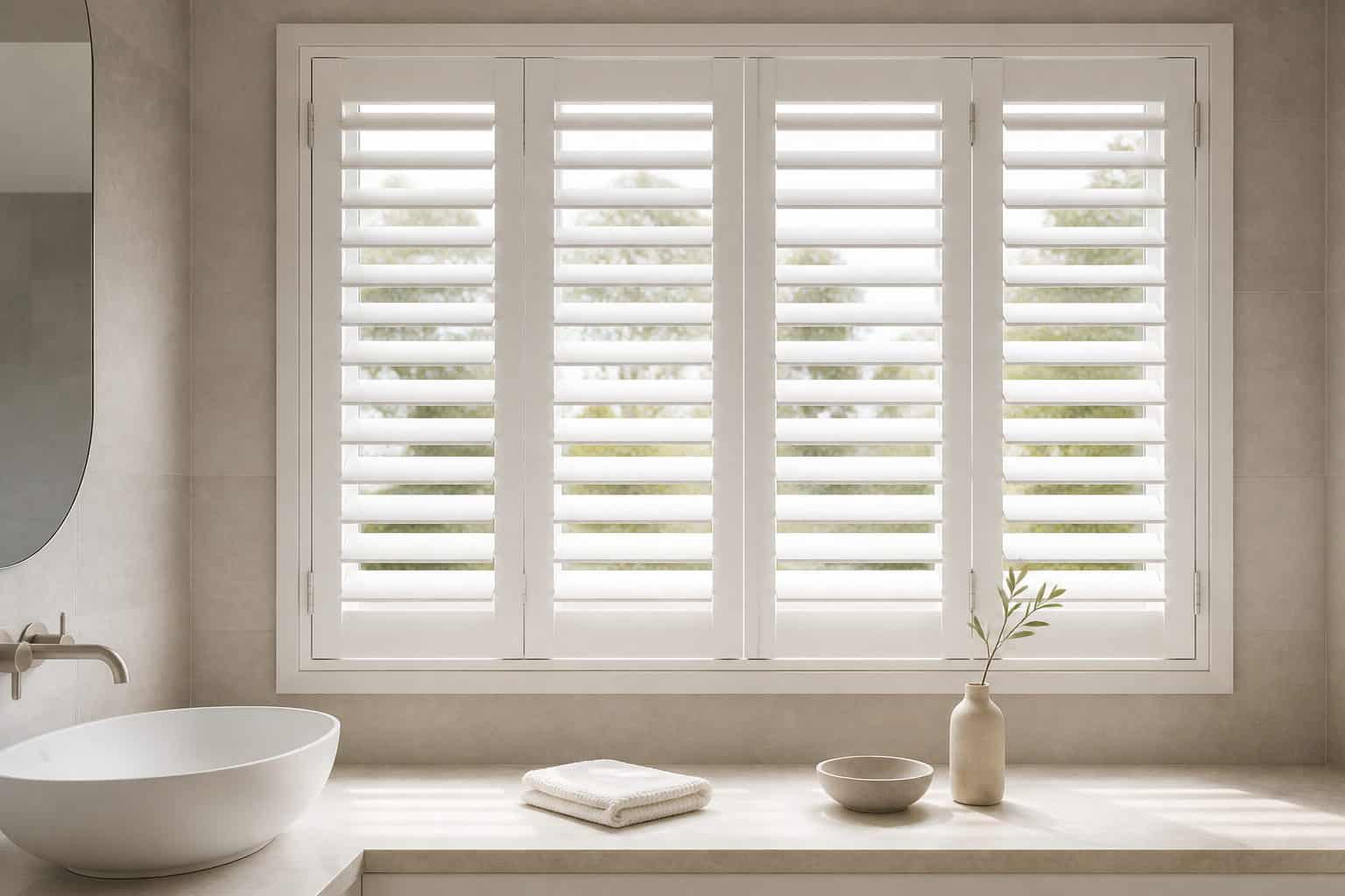 White PVC plantation shutters with adjustable louvres fitted to a bathroom window