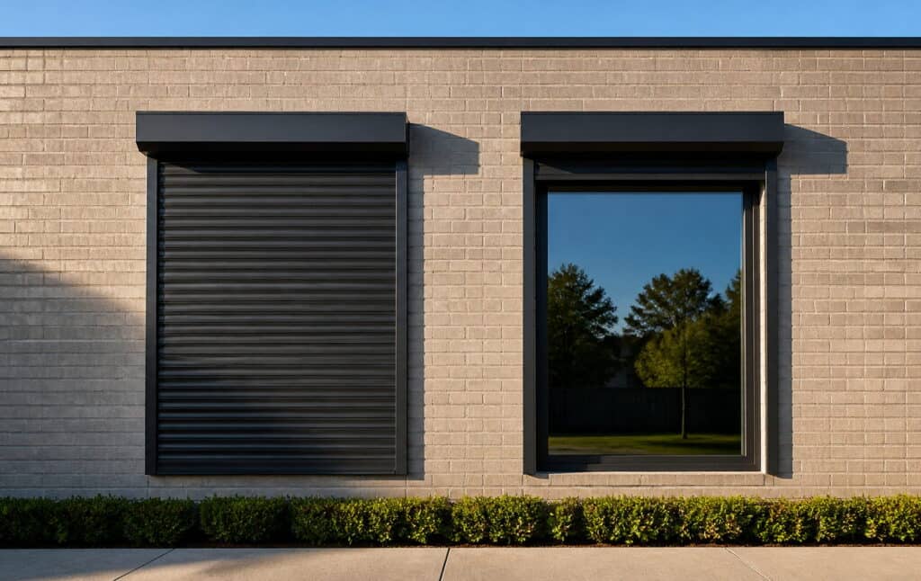 Charcoal aluminium roller shutters on an Australian home, one lowered and one partly raised