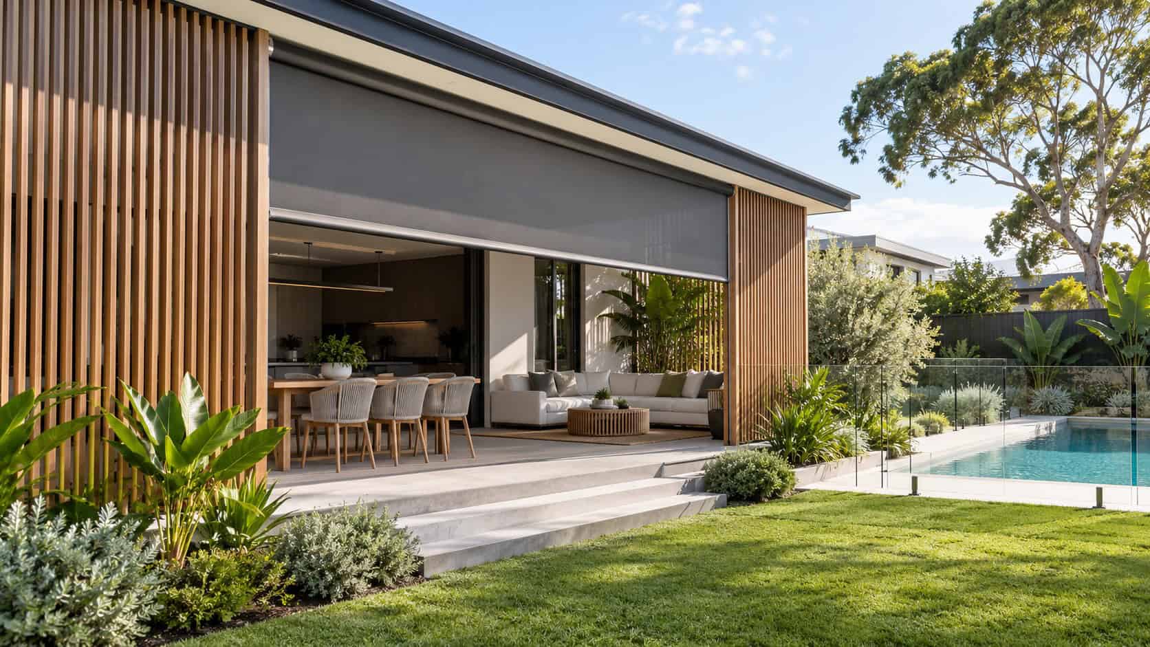 Retractable outdoor blind and vertical timber privacy screens on a modern home