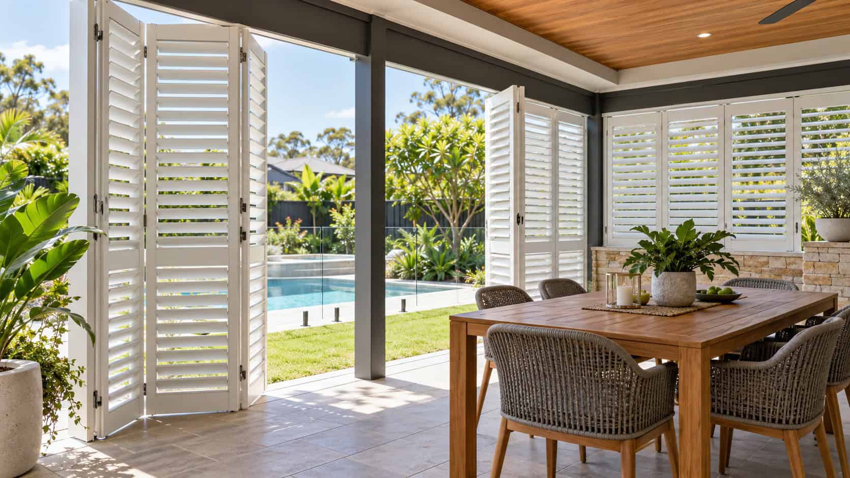 White aluminium plantation shutters installed across an Australian outdoor entertaining area
