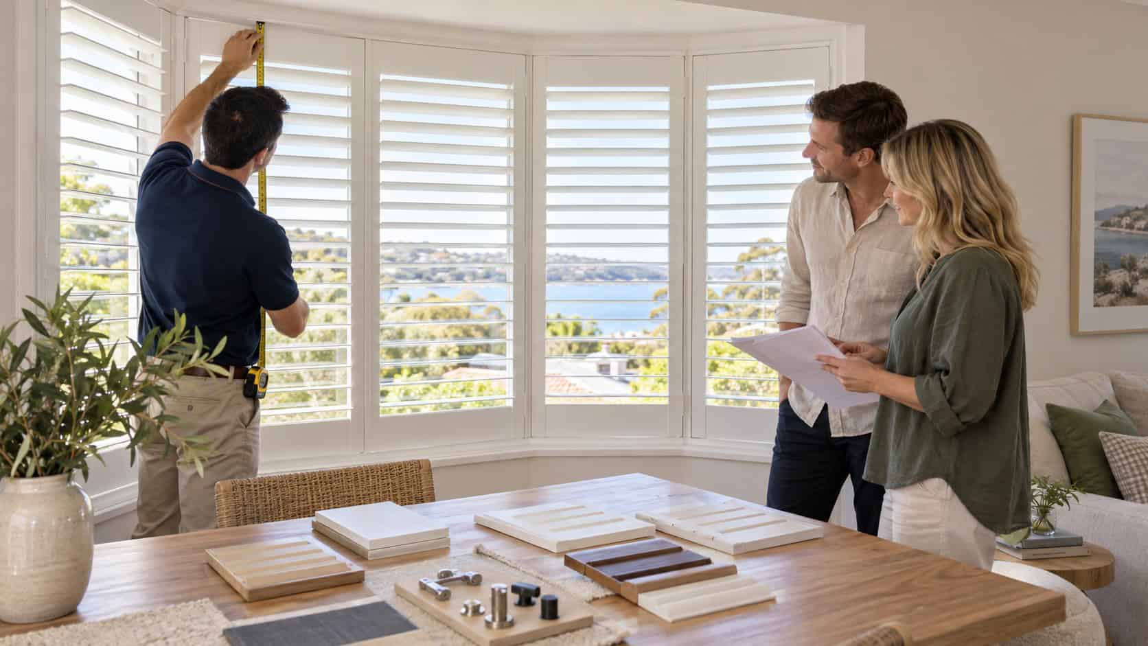 Consultant measuring a bay window while homeowners review plantation shutter samples
