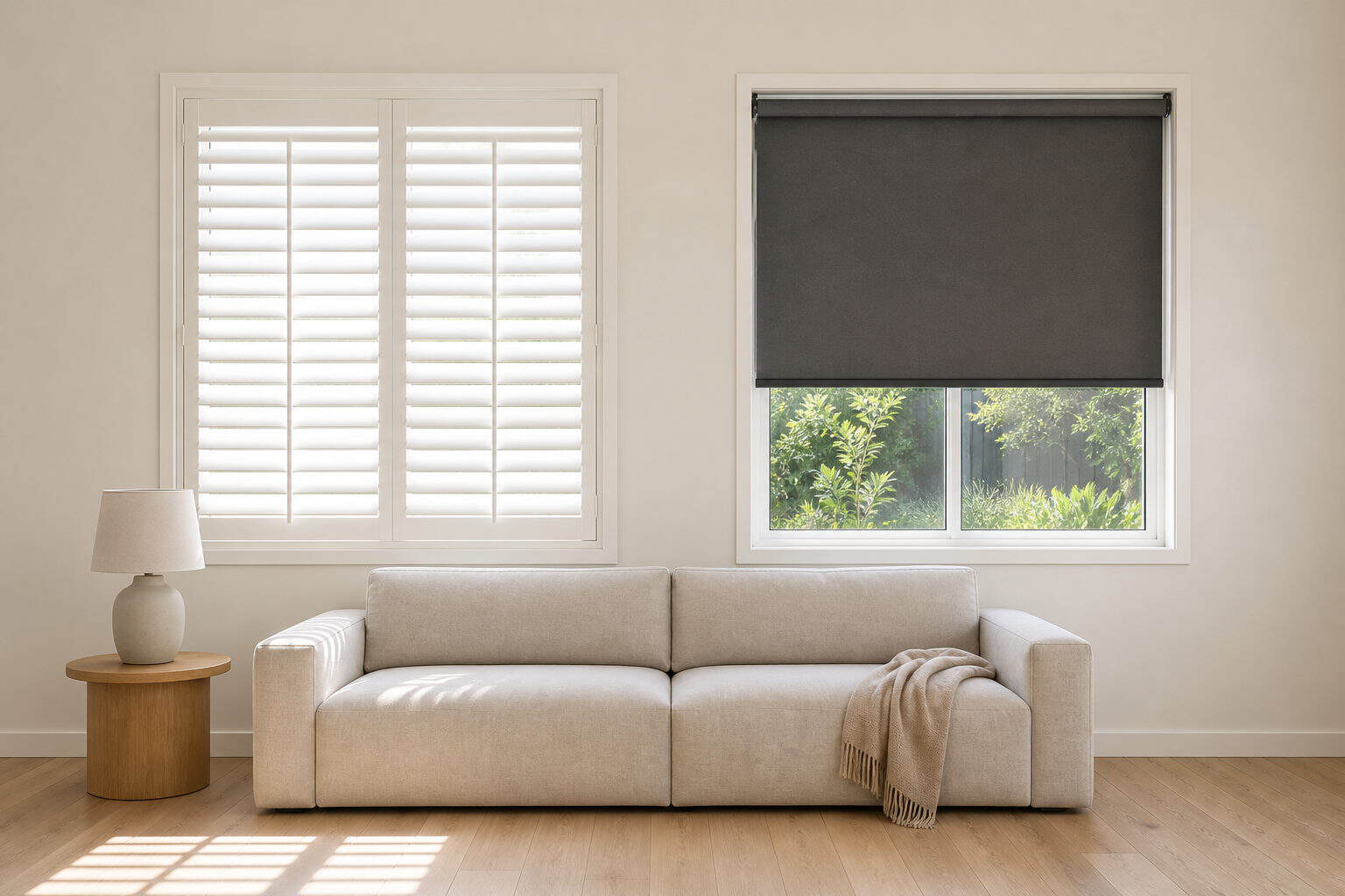 White plantation shutters and a charcoal roller blind fitted to adjacent windows in an Australian living room