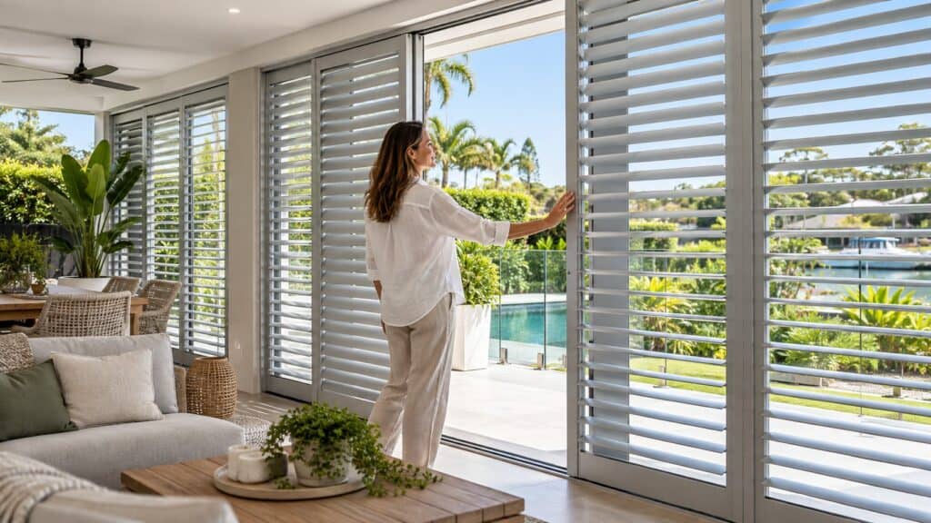 Powder-coated aluminium plantation shutters fitted across an indoor-outdoor living area