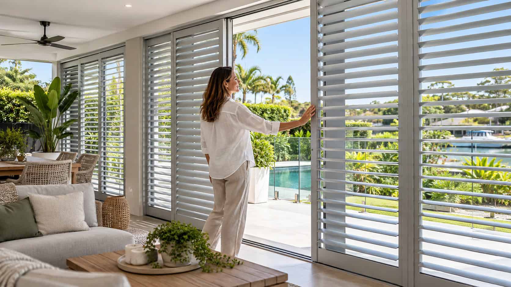 Powder-coated aluminium plantation shutters fitted across an indoor-outdoor living area