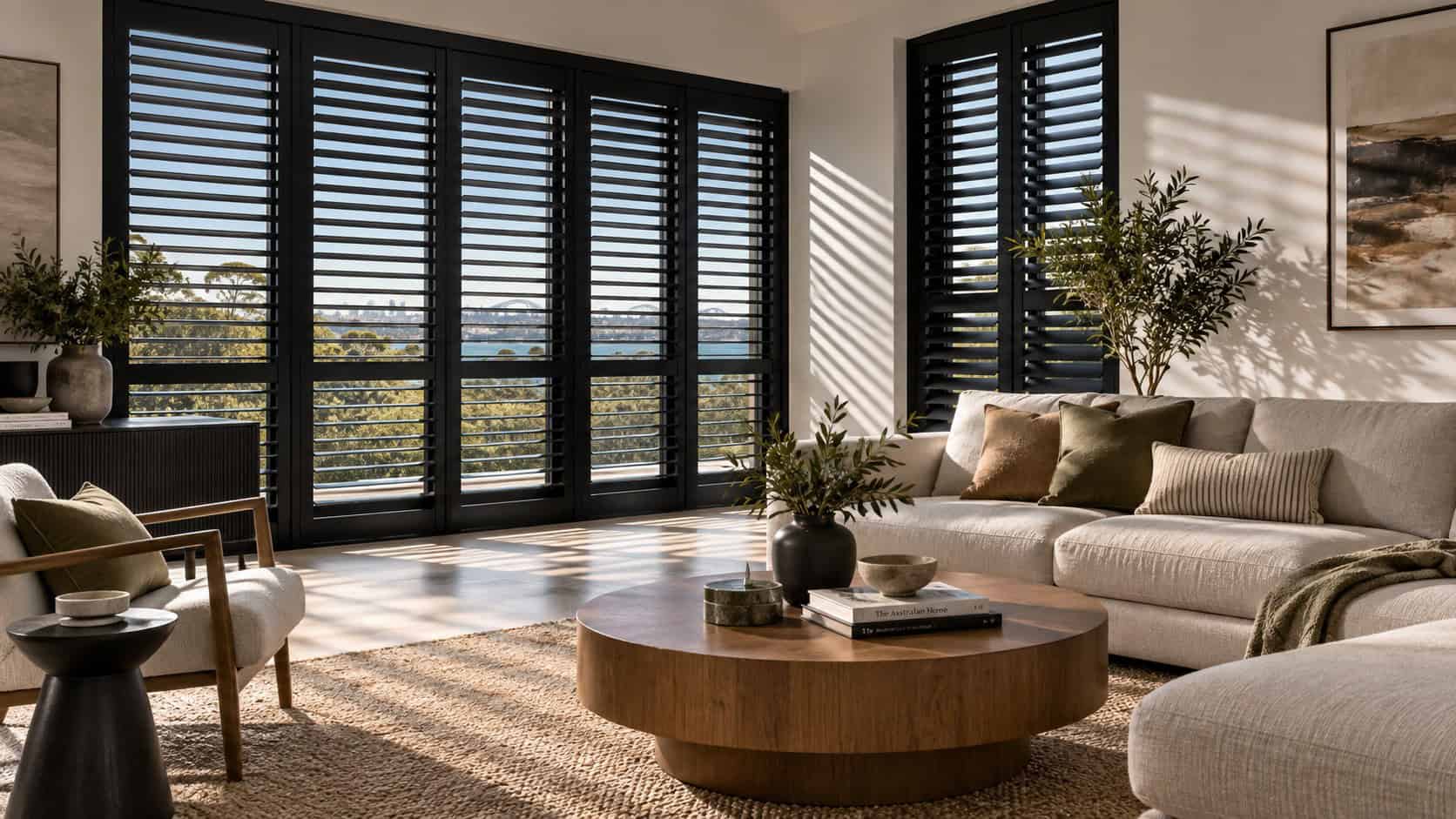Matte-black plantation shutters creating bold contrast in a modern Australian living room