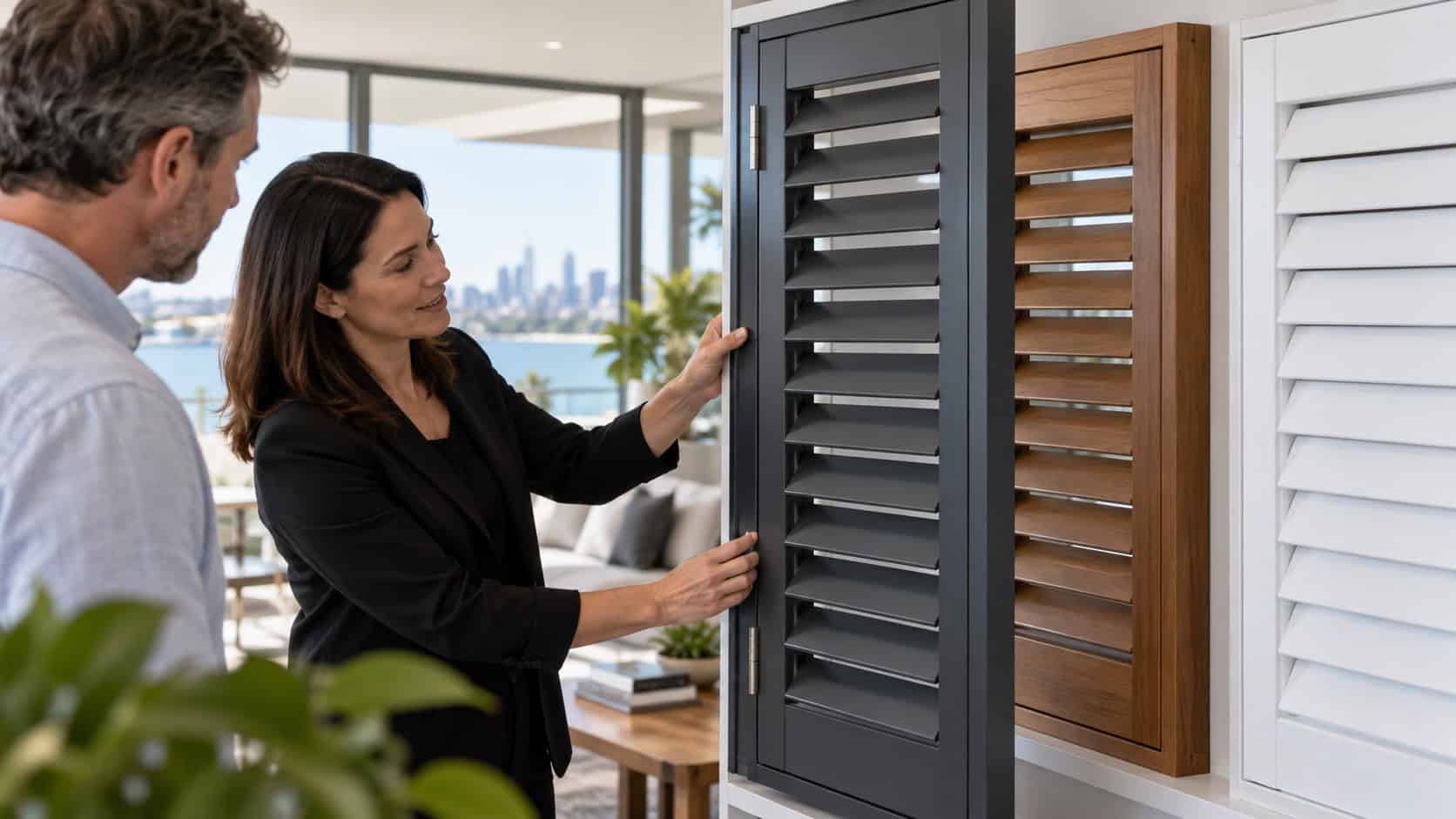 Consultant comparing aluminium window shutters with timber and PVC alternatives