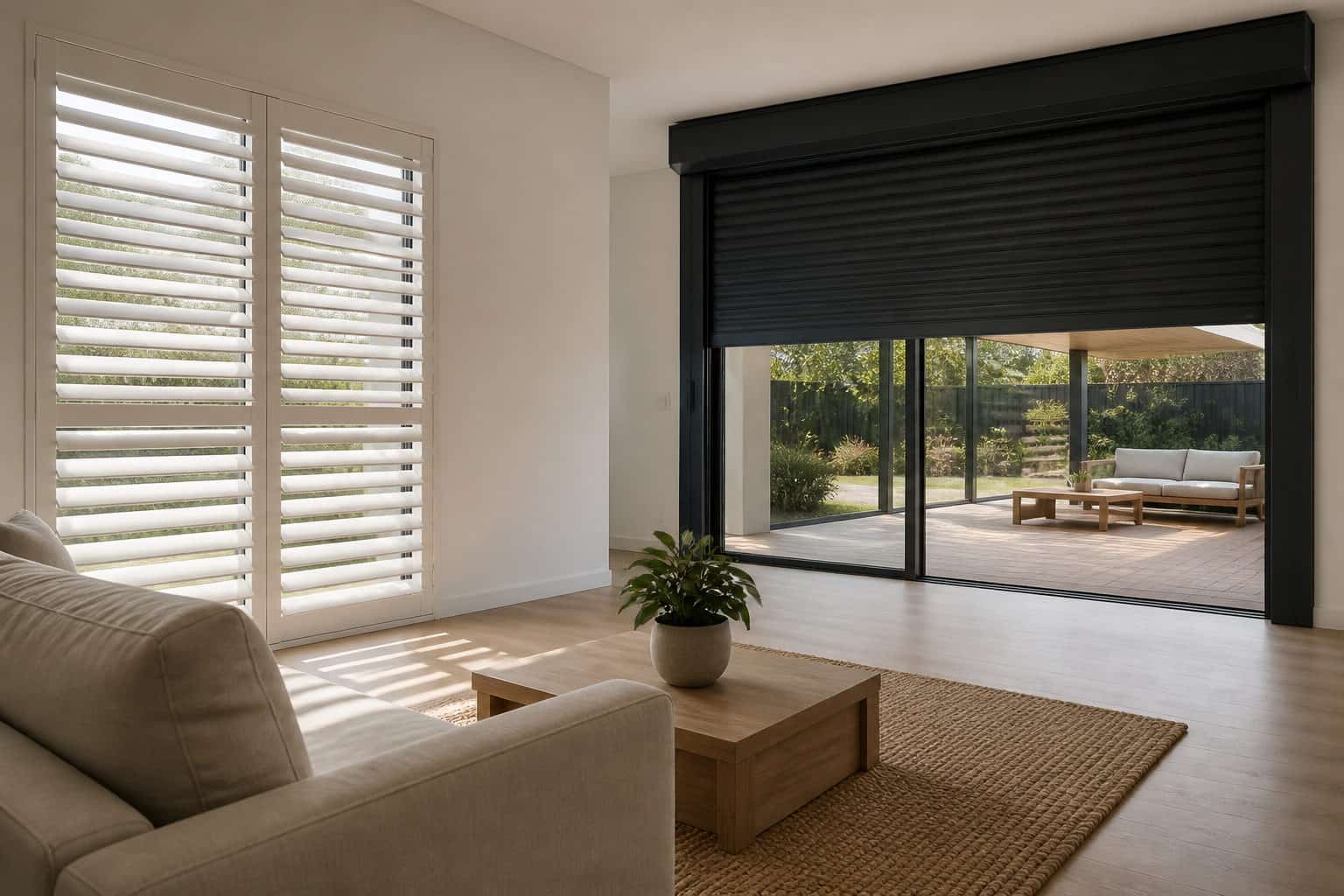 Interior plantation shutters and an external aluminium shutter in an Australian open-plan living area