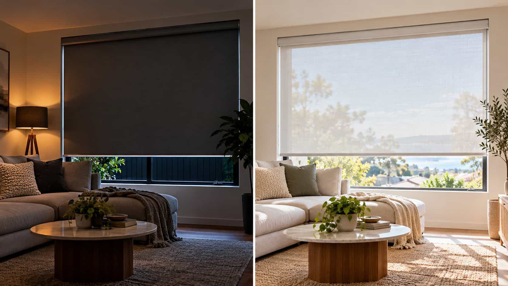 Side-by-side comparison of dark blockout roller blinds and light filtering roller blinds in a modern Australian living room, showing differences in natural light and privacy