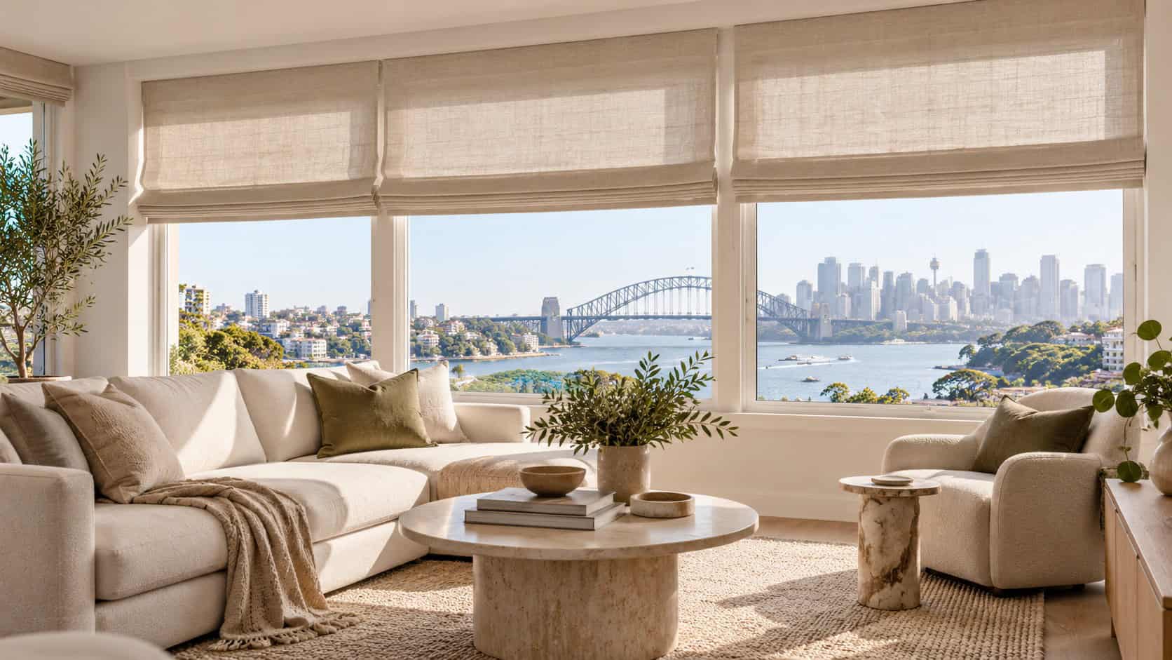 Venetian blinds beside white plantation shutters in a bright modern Australian living room