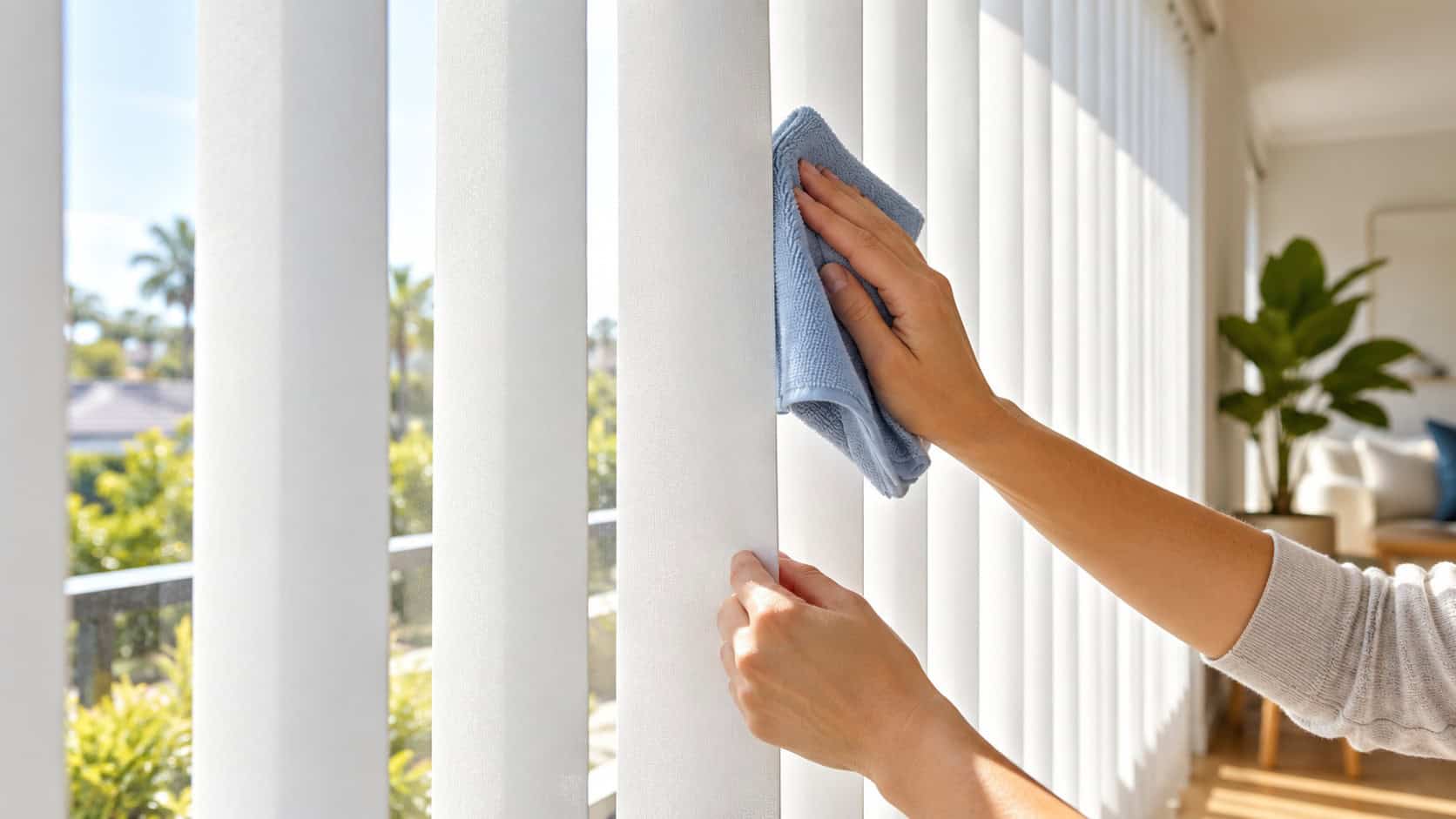 Person using a soft microfibre cloth to clean white vertical blinds in a sunlit home