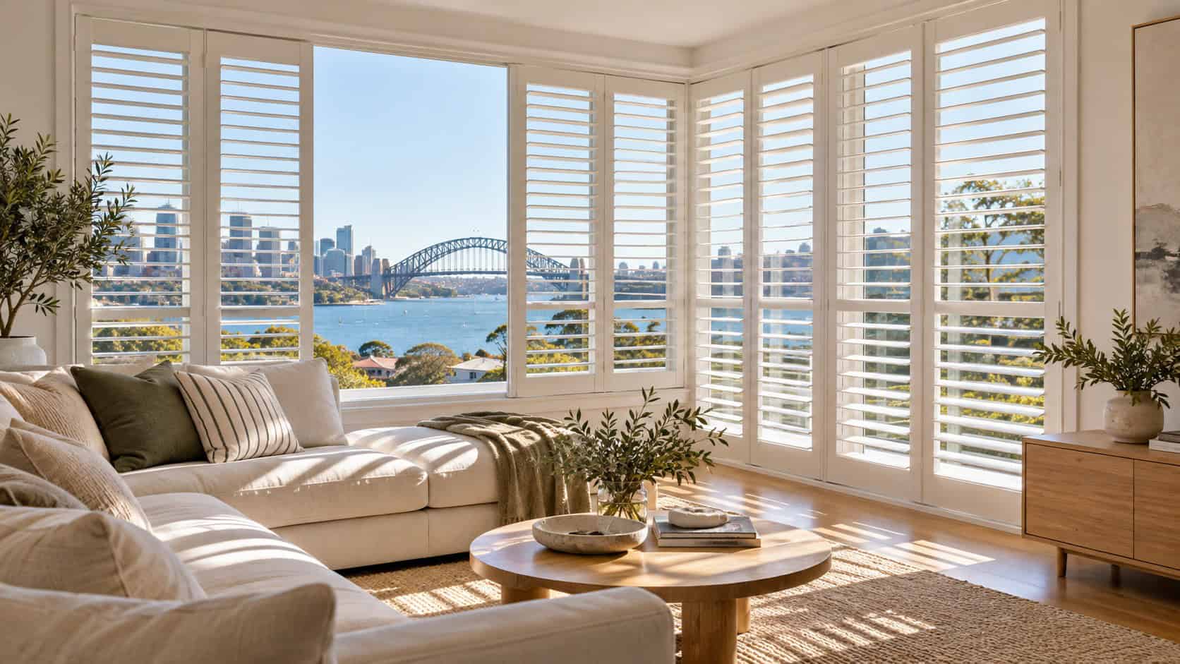 White plantation shutters fitted across large windows in a stylish Sydney home