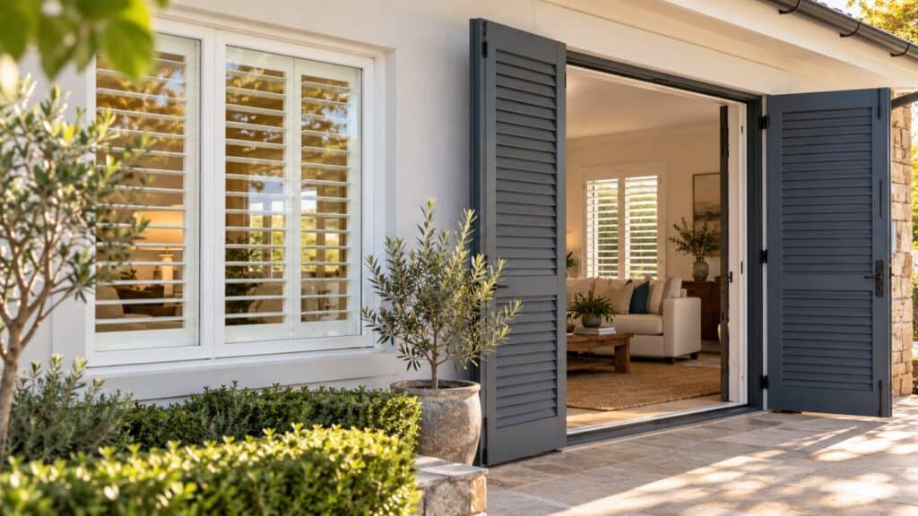 Plantation Shutters vs Exterior Shutter Doors Interior plantation shutters and open exterior shutter doors shown on an Australian home