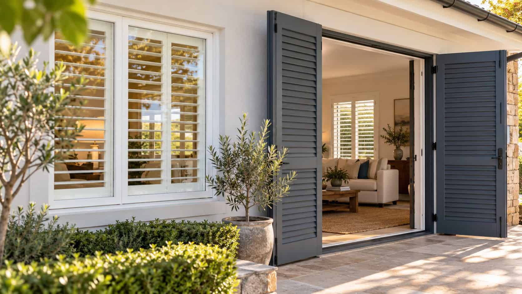 Interior plantation shutters and open exterior shutter doors shown on an Australian home